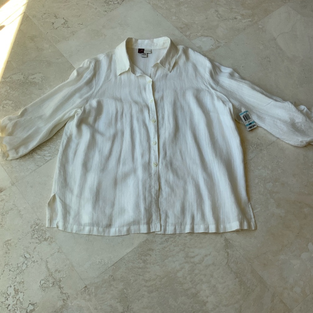 JM Collection Crisp White Linen Textured Blouse sz 20W NWT